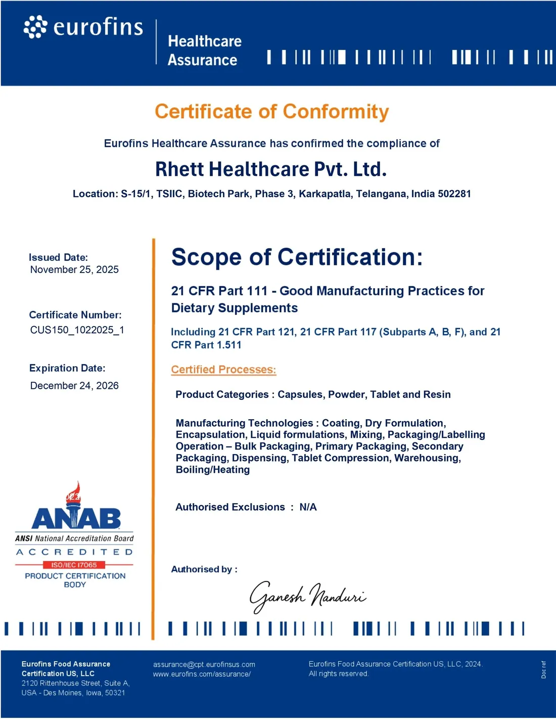 Eurofins certificate of conformity to 21 CFR Part 111 issued to Rhett Healthcare